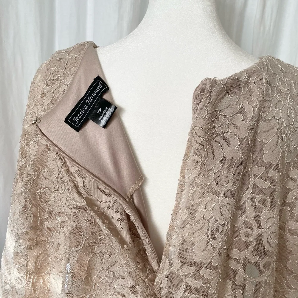 Jessica Howard Scalloped Shimmer Stretch Lace Capelet Dress Champagne 10P - Picture 9 of 9